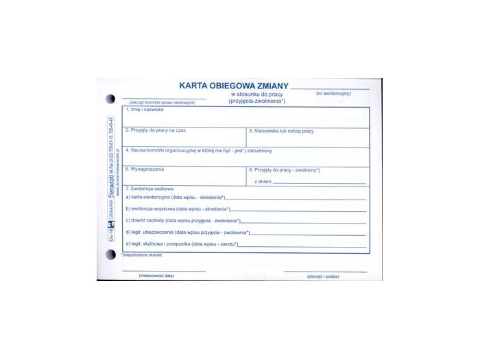 druk offsetowy karta obiegowa zmiany A6 - Druki, kalendarze, kroniki