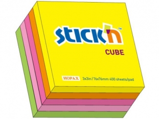 karteczki samoprzylepne Stick'n 76x76 mm, kostka mix 5 kolorw neonowych, 400 kartek