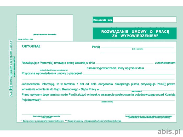 Druk Samokopiujący Rozwiązanie Umowy O Pracę Za Wypowiedzeniem A5