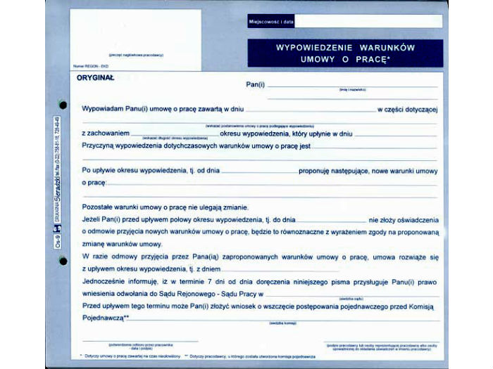 Druk Samokopiujący Wypowiedzenie Warunków Umowy O Pracę 23 A4