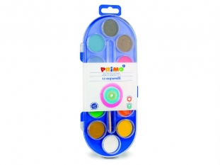 farby akwarelowe 12 kolorw wodne Primo CMP Morocolor w pastylkach o r.30 mm, zestaw + pdzelek w pudeku plastikowym