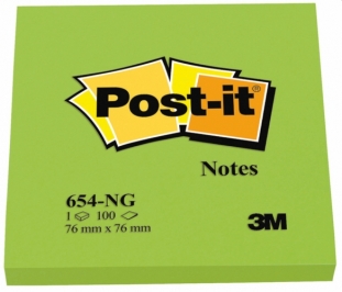 karteczki samoprzylepne 3M Post-it 654N 76x76 mm, 100 kartek, jaskrawe zielone