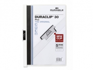 skoroszyt z klipsem A4 plastikowy Durable Duraclip Plus do 30 kartek, biay Towar dostpny do wyczerpania zapasw!