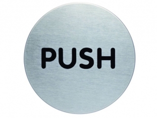 tabliczka samoprzylepna Durable srebrna, stalowa, okrga, rednica 65 mm, wersja angielska, napis Push
