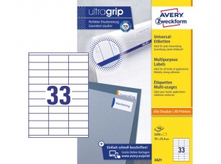 etykiety samoprzylepne uniwersalne białe Avery Zweckform 3421 papierowe 70x25,4 mm, ark. A4 3x11, 100 ark./op.