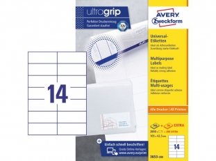 etykiety samoprzylepne uniwersalne białe Avery Zweckform 3653 papierowe 105x42,3 mm, ark. A4 2x7, 200+20 ark./op.